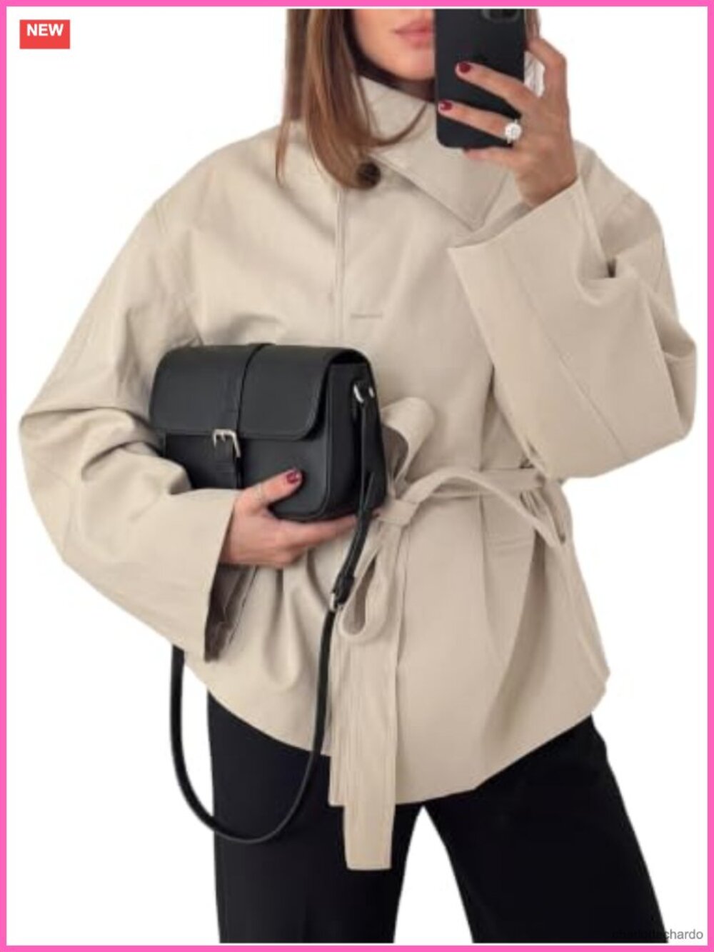 Women's Lapel Collar Self-Tie Waist Belt Trench Coat Lightweight Long Sleeve